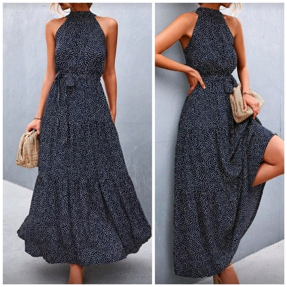 Boutique Dresses & Skirts - NEW Chic Dot Print Tiered Ruffle Halter Maxi Dress Navy Blue White